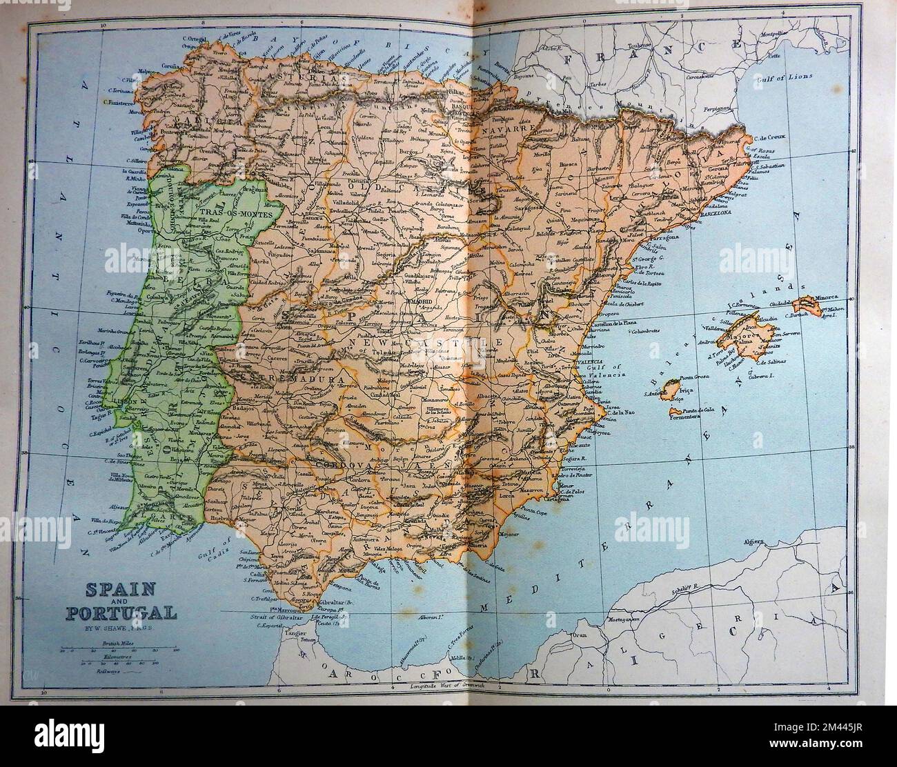 A circa 1890s coloured  map of Spain.  ===  Un mapa coloreado de España alrededor de 1890. Stock Photo