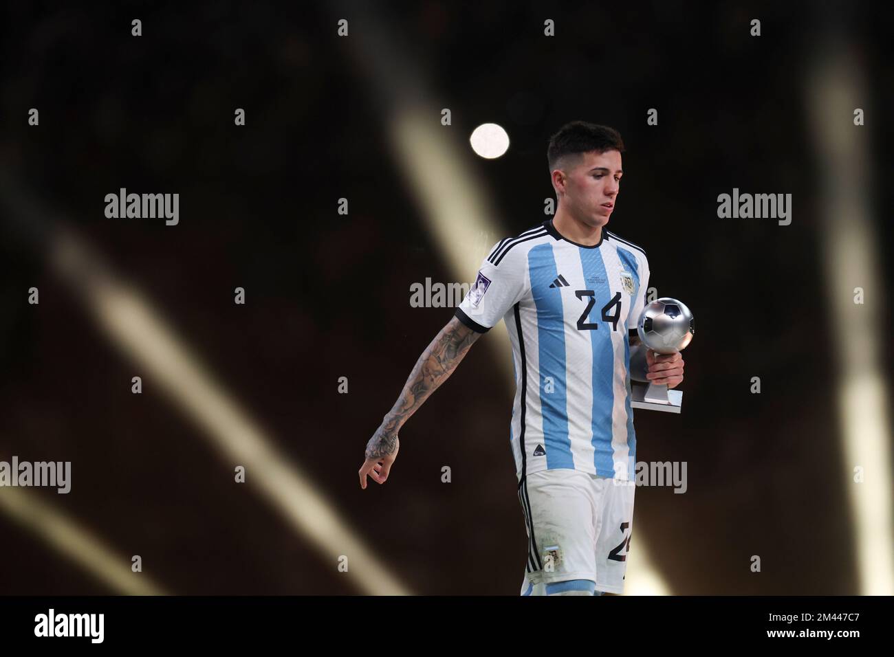 Lusaier, Qatar. 18th Dec, 2022. Enzo Fernandez of Argentina reacts with the FIFA Young Player award during the awarding ceremony of the 2022 FIFA World Cup at Lusail Stadium in Lusail, Qatar, Dec. 18, 2022. Credit: Li Ming/Xinhua/Alamy Live News Stock Photo