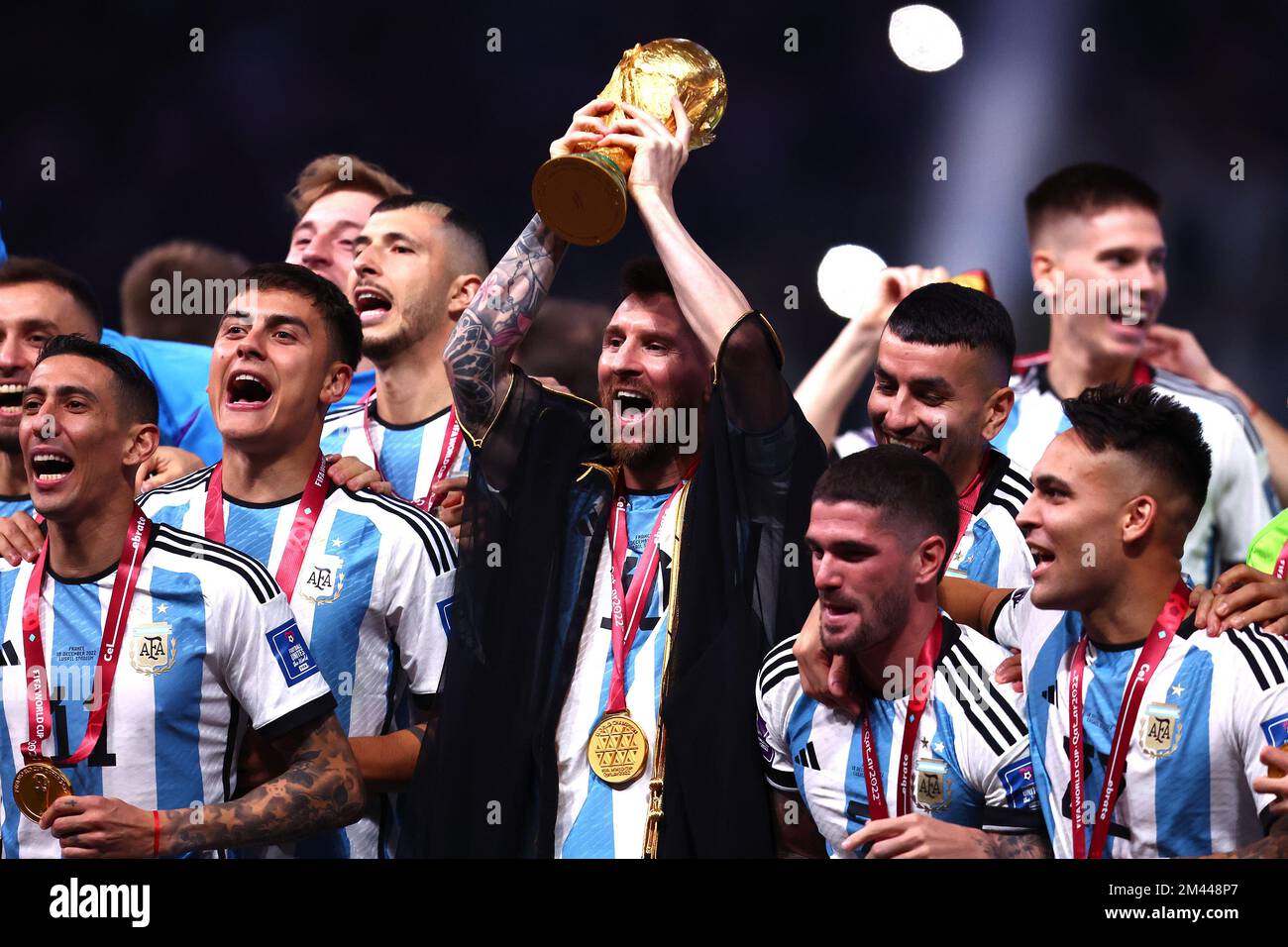 Lusail City, Qatar. 18th Dec, 2022. Lionel Messi of Argentina lifts the FIFA World Cup trophy following the 2022 FIFA World Cup Final at Lusail Stadium in Lusail City, Qatar on December 18, 2022. Photo by Chris Brunskill/UPI Credit: UPI/Alamy Live News Stock Photo