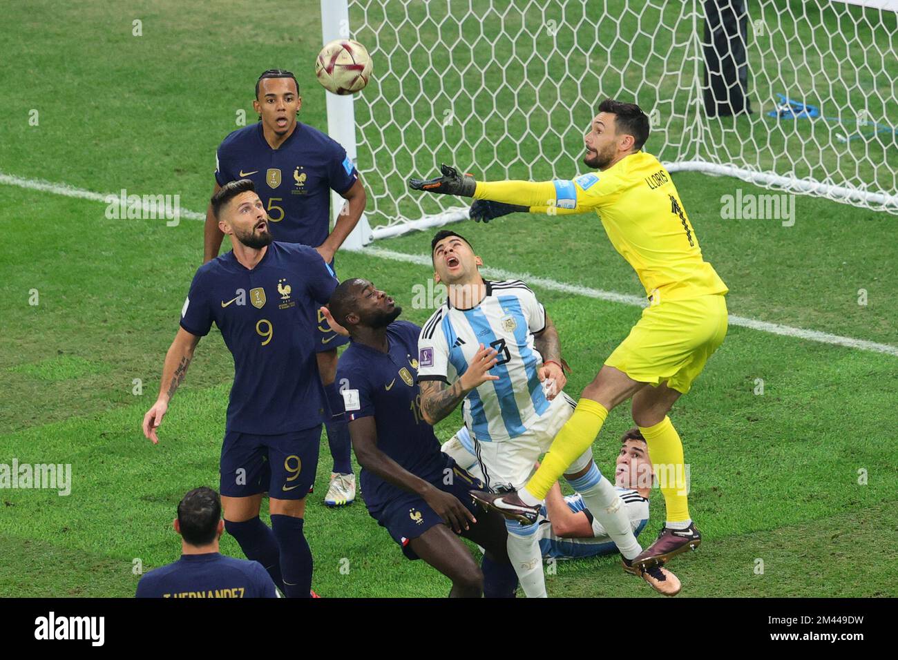 Lusail, Qatar. 18th Dec, 2022. Hugo Lloris of France makes a save during the Final of the FIFA World Cup Qatar 2022 between Argentina and France at Lusail Stadium, Lusail, Qatar on 18 December 2022. Photo by Peter Dovgan. Editorial use only, license required for commercial use. No use in betting, games or a single club/league/player publications. Credit: UK Sports Pics Ltd/Alamy Live News Stock Photo