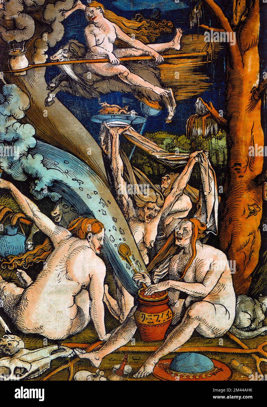 The Witches by Hans Baldung (woodcut), 1508 Stock Photo