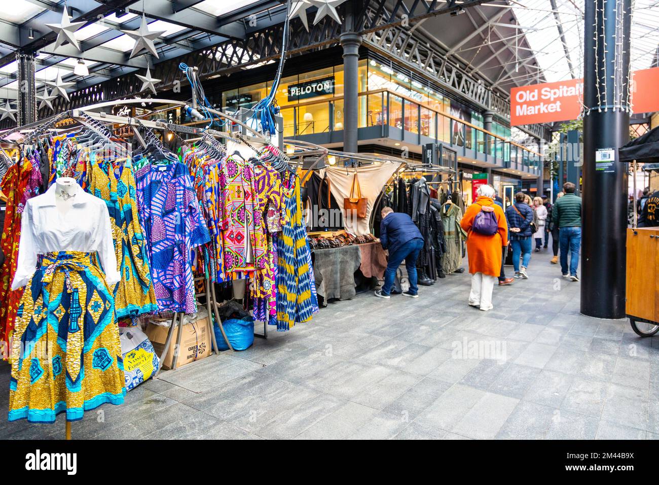 Stalls with clothing and accessories at Spitalfields Market, London, UK Stock Photo