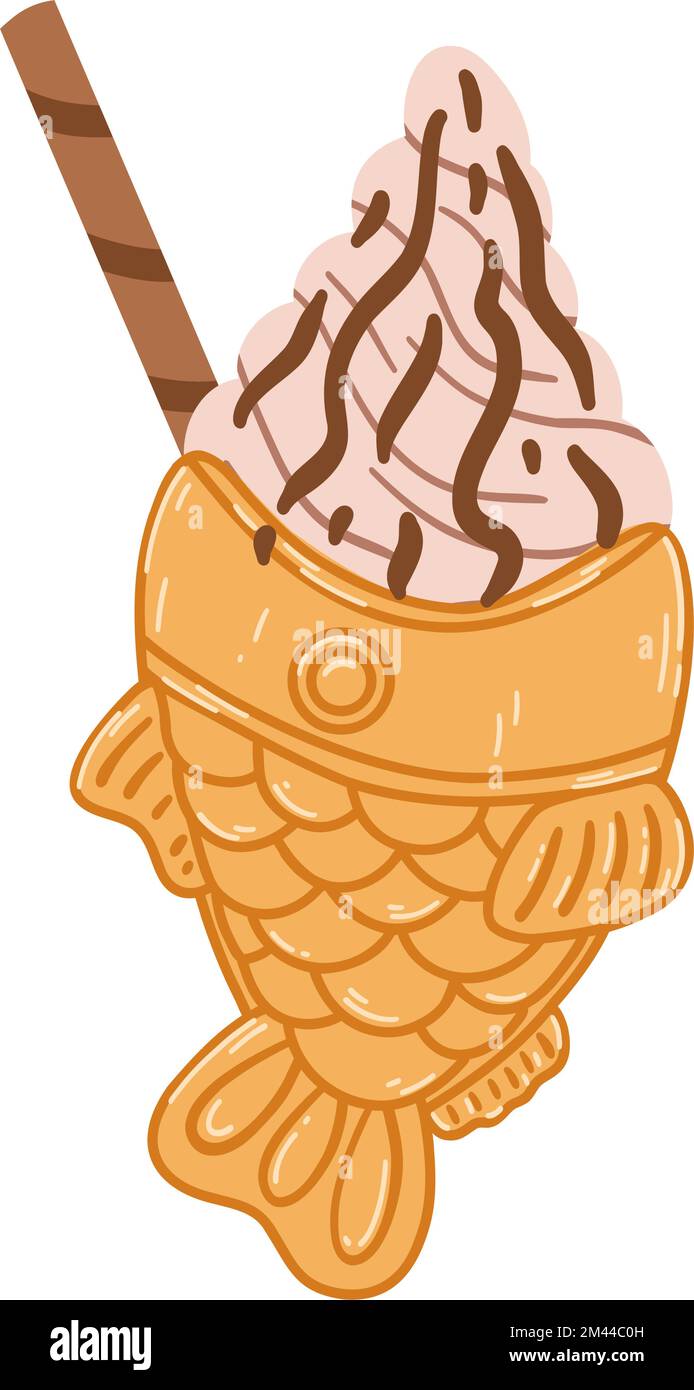 Taiyaki fishshaped ice cream cone in cartoon flat style. Hand drawn