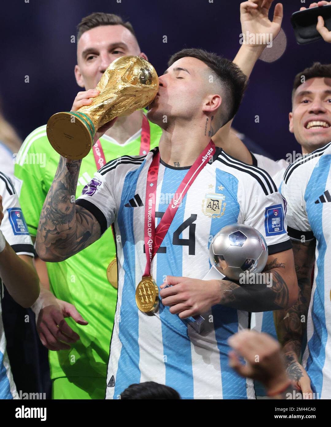 Al Daayen, Qatar - December 18, 2022, Best young Player Enzo Fernandez of Argentina celebrates with the trophy after winning the FIFA World Cup 2022, Final football match between Argentina and France on December 18, 2022 at Lusail Stadium in Al Daayen, Qatar - Photo: Sebastian El-saqqa/DPPI/LiveMedia Stock Photo