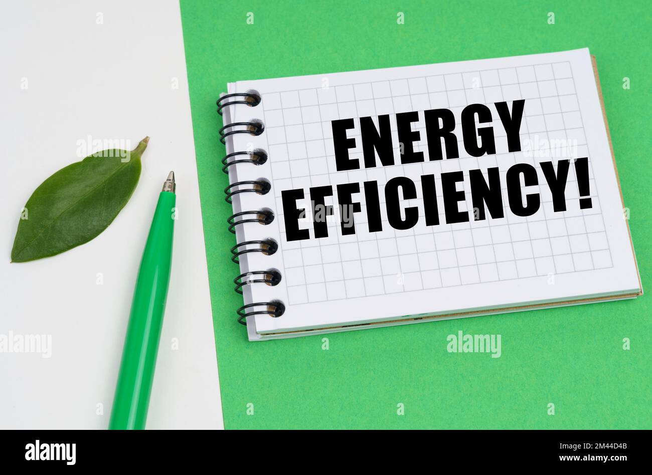 Ecological concept. On a white-green background lies a pen, a leaf of a ...