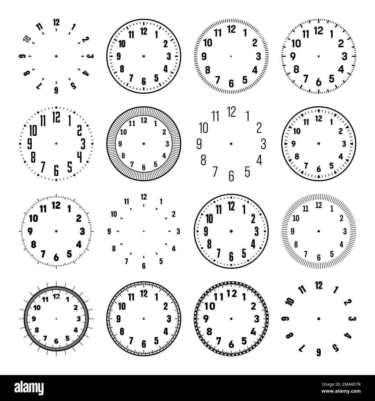 Mechanical clock faces with arabic numerals, bezel. Watch dial with