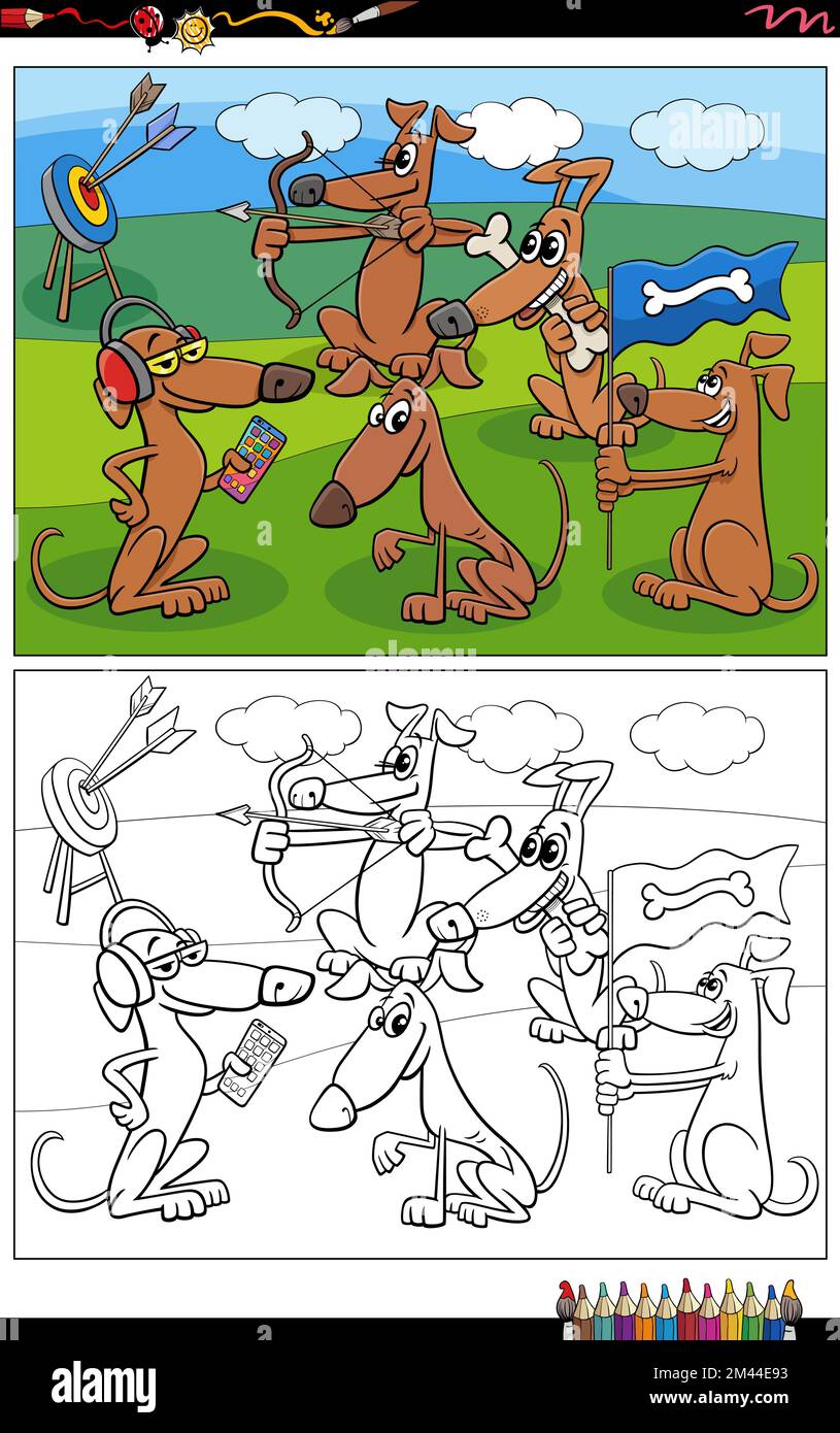 Cartoon illustration of funny dogs comic characters group coloring page ...