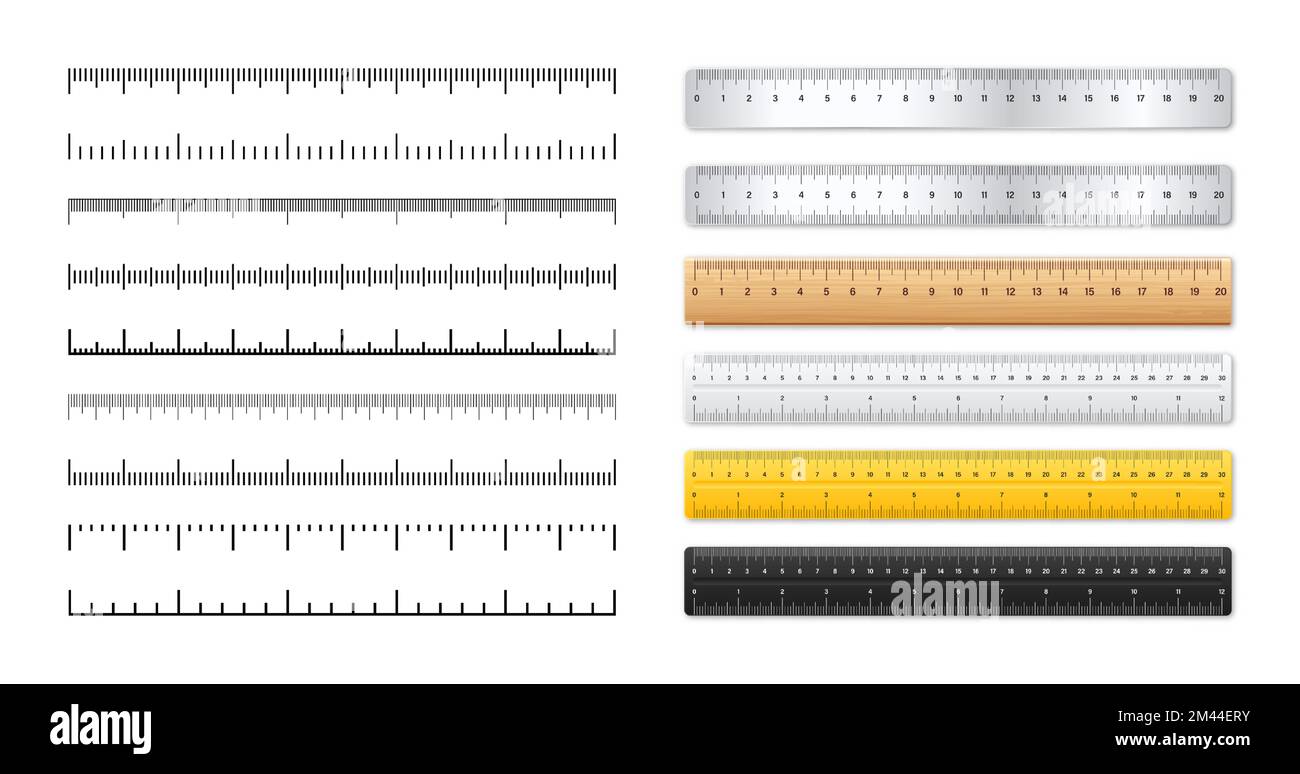 Realistic metal and plastic rulers. Measurement scales with divisions