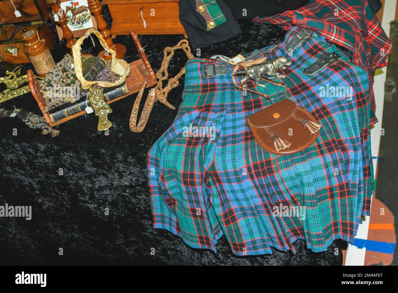Tongeren. Limburg - Belgium 13-02-2022. Scottish kilt skirt. National clothes. Flea market sale Stock Photo