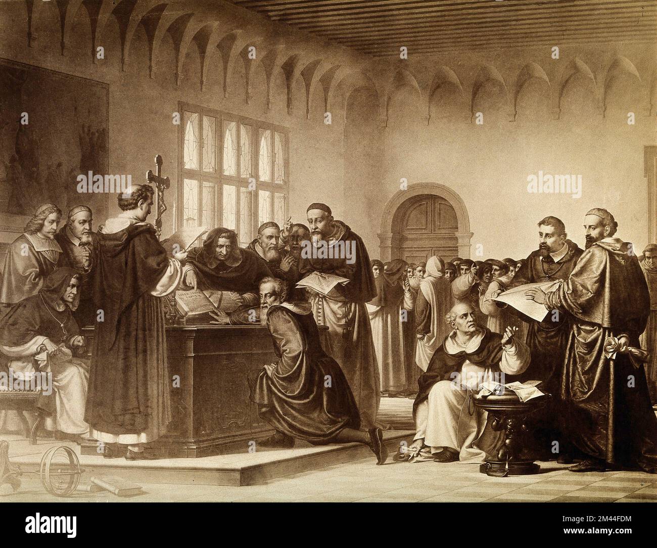 Galileo Galilei at his trial by the Inquisition in Rome in 1633. Stock Photo