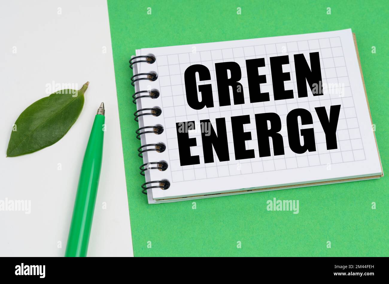 Ecological concept. On a white-green background lies a pen, a leaf of a ...