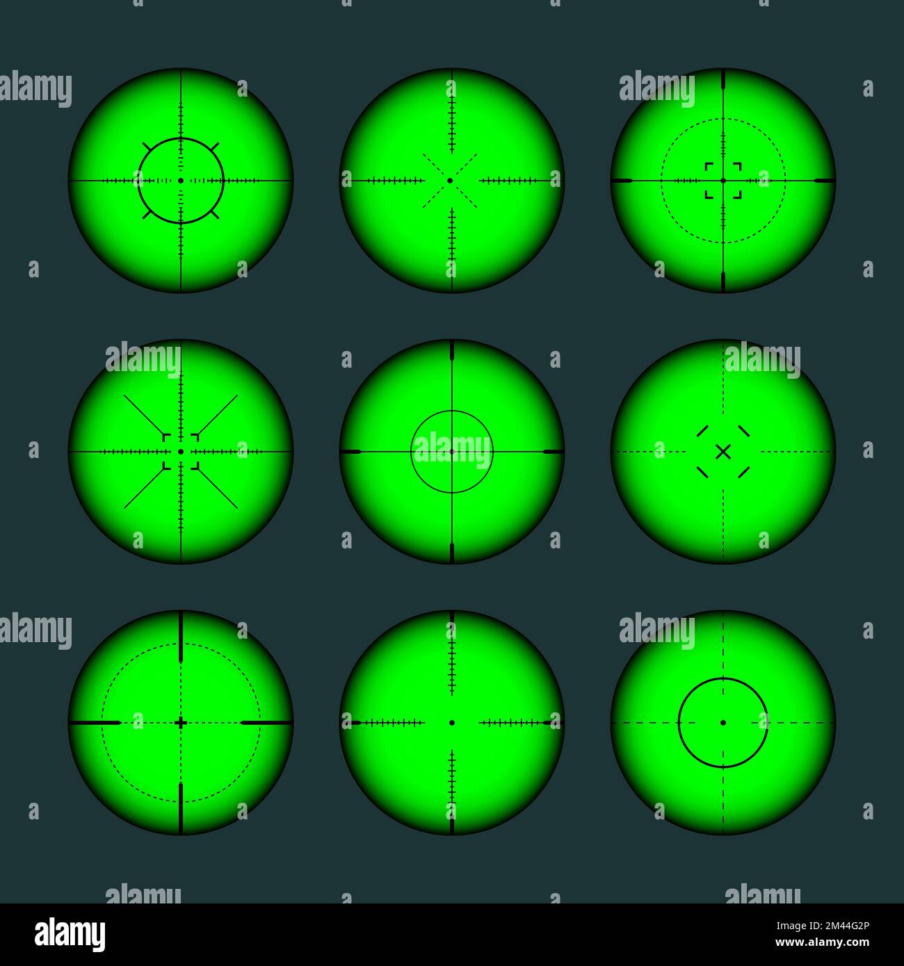 Various weapon night sights, sniper rifle optical scopes. Hunting gun