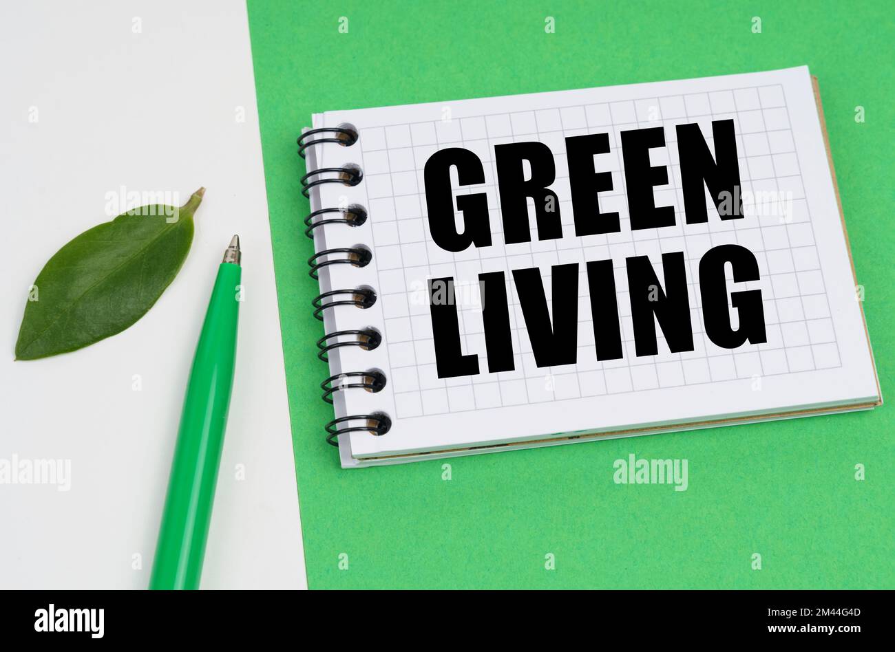 Ecological concept. On a white-green background lies a pen, a leaf of a plant and a notepad with the inscription - Green Living Stock Photo