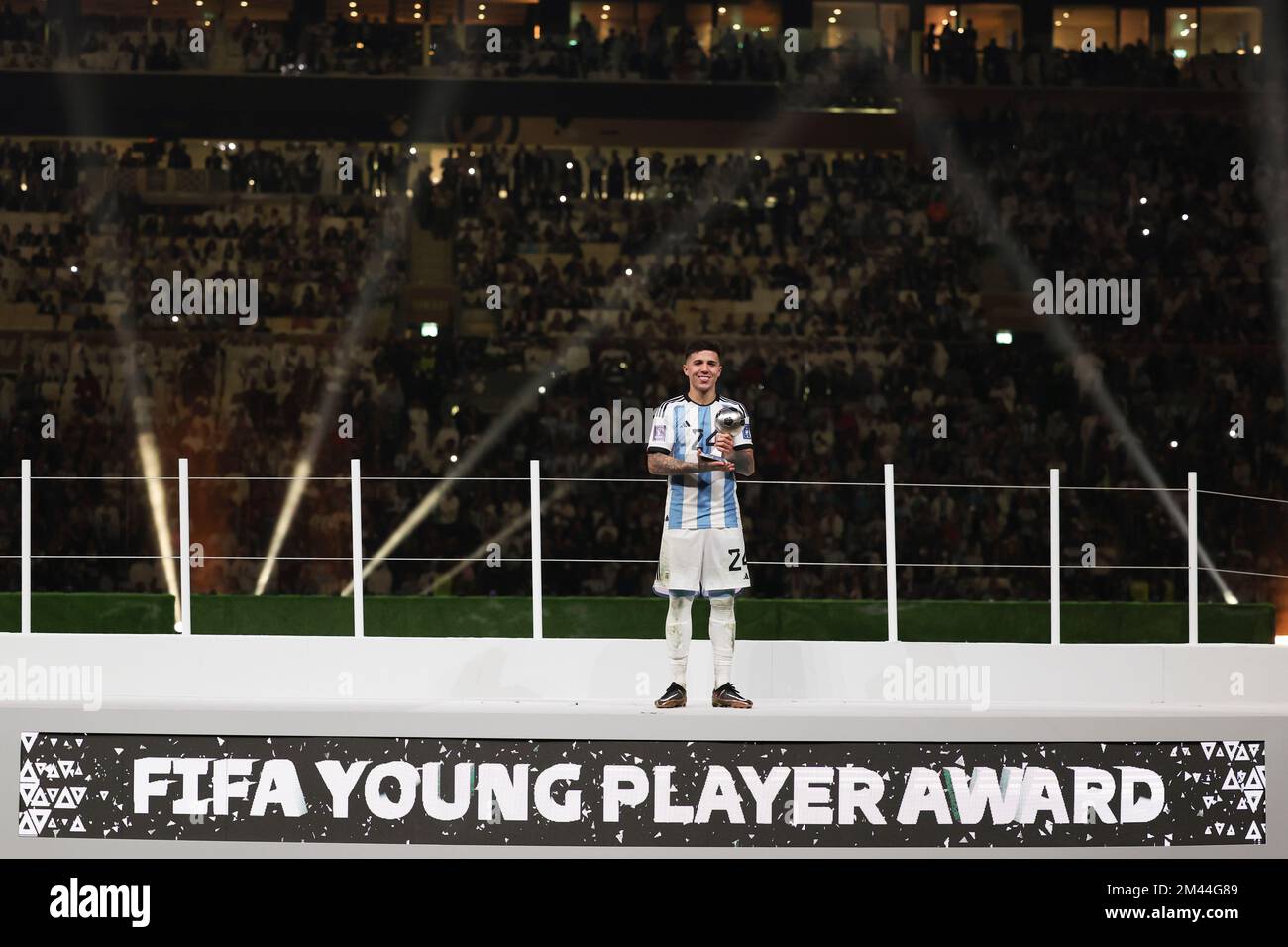 Lusail, Qatar. 18th Dec, 2022. Argentina's Enzo Fernandez poses with his Best Young Player trophy during the awarding ceremony of the 2022 FIFA World Cup at Lusail Stadium in Lusail, Qatar, Dec. 18, 2022. Credit: Cao Can/Xinhua/Alamy Live News Stock Photo
