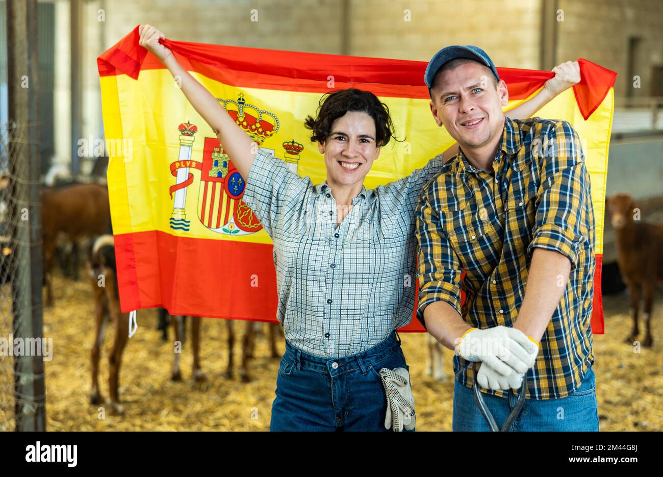 Happy man and woman farmer coworkers waving flag of Spain on goat farm Stock Photo