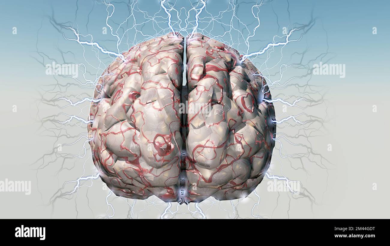 Human brain produce electricity. 3D rendering Stock Photo Alamy
