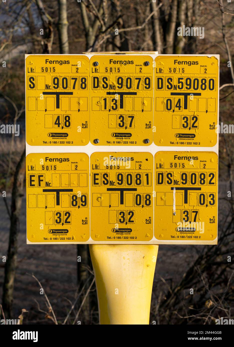 Signs pointing to utilities, long-distance gas pipelines, and pipelines such as underground hydrants or gate valves of water supply, sewage disposal, Stock Photo