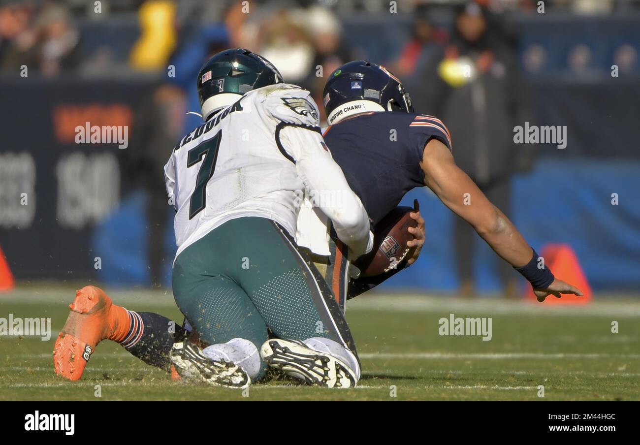 December 18, 2022: Chicago Bears quarterback #1 Justin Fields is sacked by  Eagles #7 Haason Reddick during a game against the Philadelphia Eagles in  Chicago, IL. Mike Wulf/CSM/Sipa USA(Credit Image: © Mike