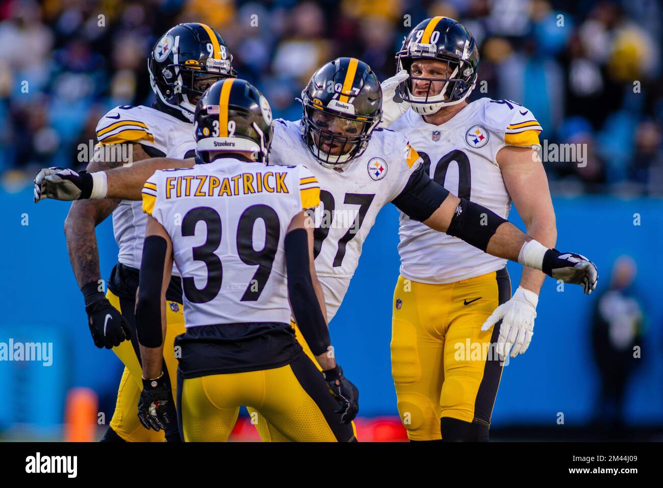 December 18, 2022: Pittsburgh Steelers defensive tackle Cameron Heyward  (97) celebrates with Pittsburgh Steelers safety Minkah Fitzpatrick (39)  after a sack during the second half of the NFL matchup against the Carolina