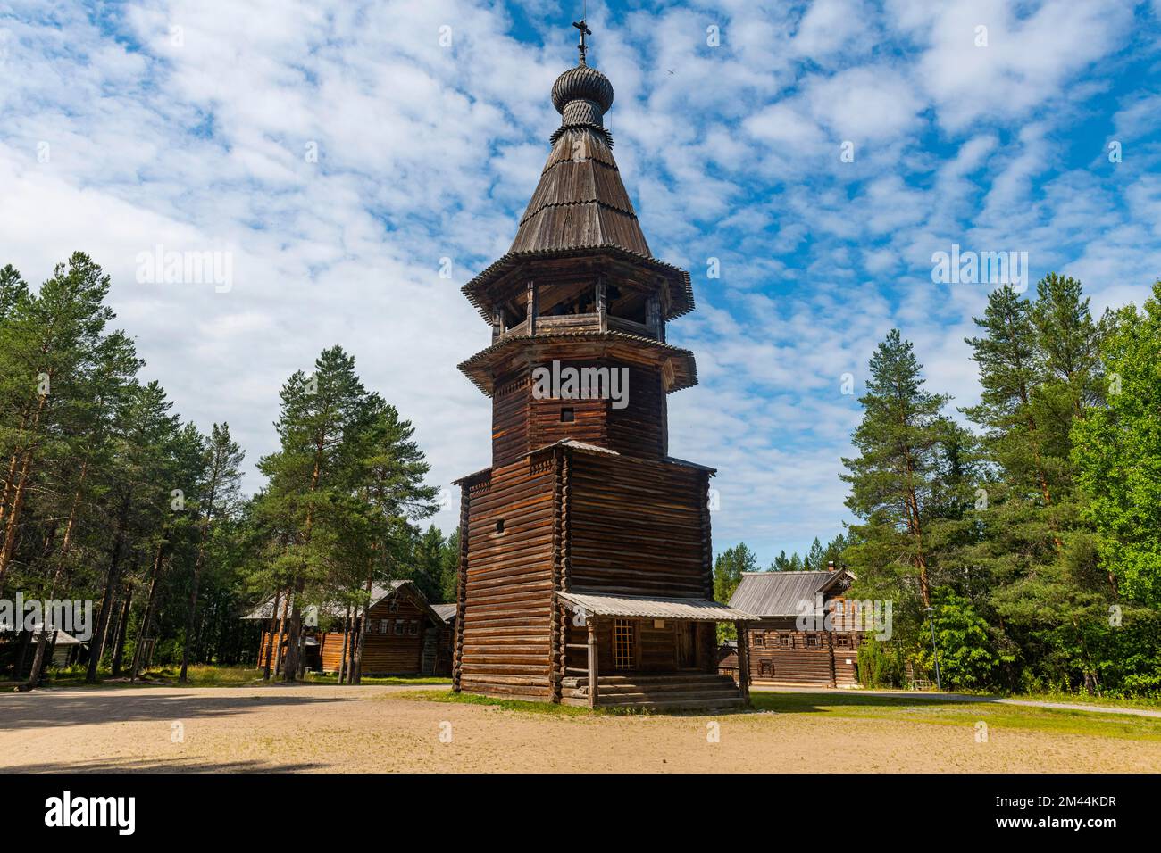 Wooden belltower, Malye Korely, little Karelia, Arkhangelsk, Russia Stock Photo