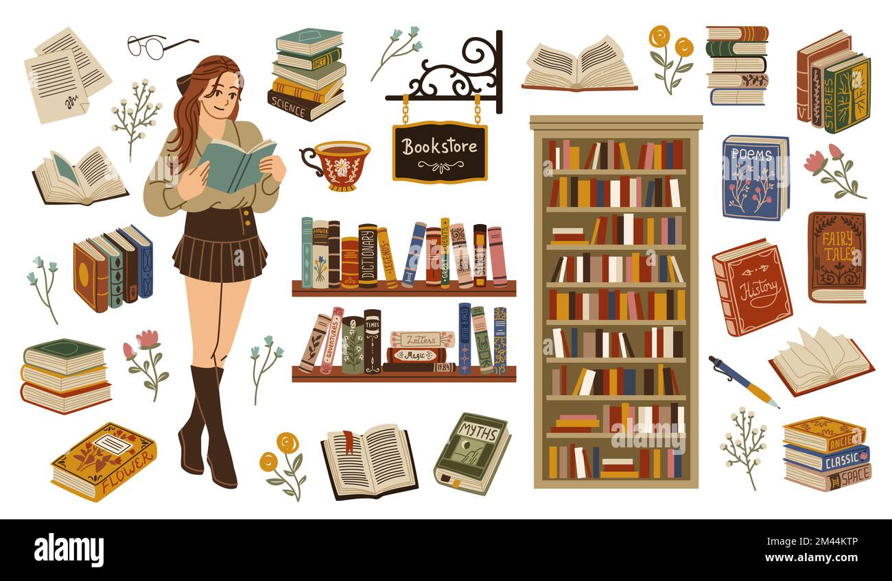 Book store elements. Cute bibliophile girl with book in hands, student