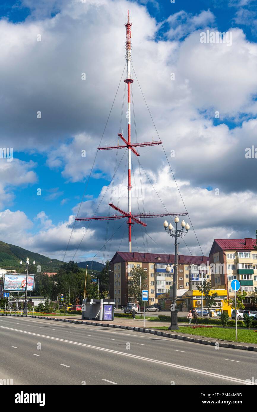 Giant radio antenna, Yuzhno-Sakhalinsk, Sakhalin, Russia Stock Photo