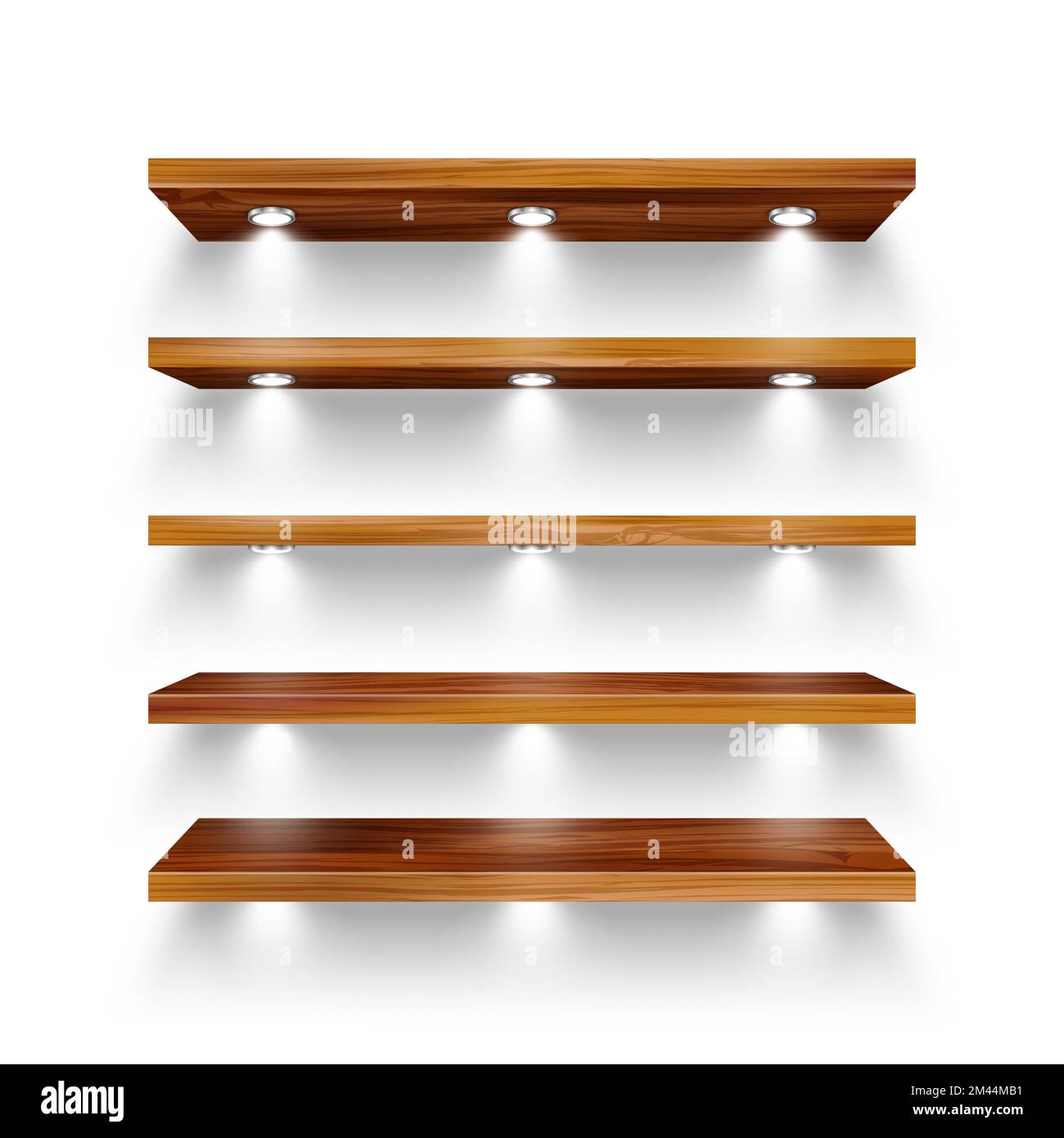 Realistic wooden store shelves with lighting, spotlights. Empty product ...