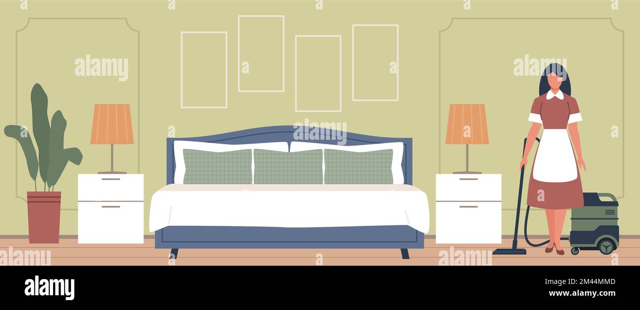 Maid cleaning hotel room. Flat style house maid doing job, woman with