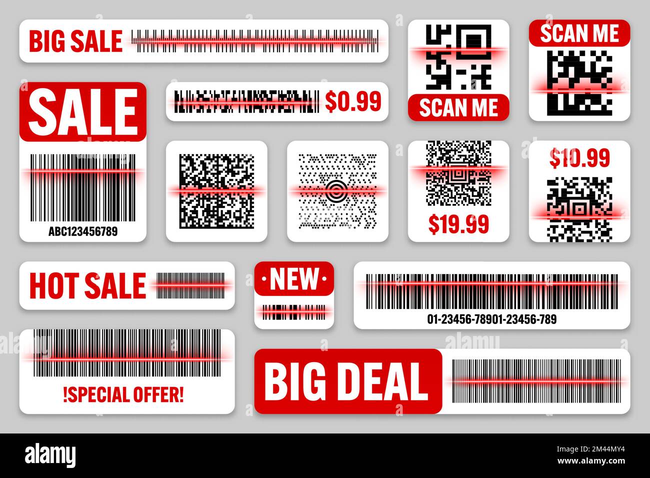 Product barcodes and QR codes with red scanning line. Sale stickers