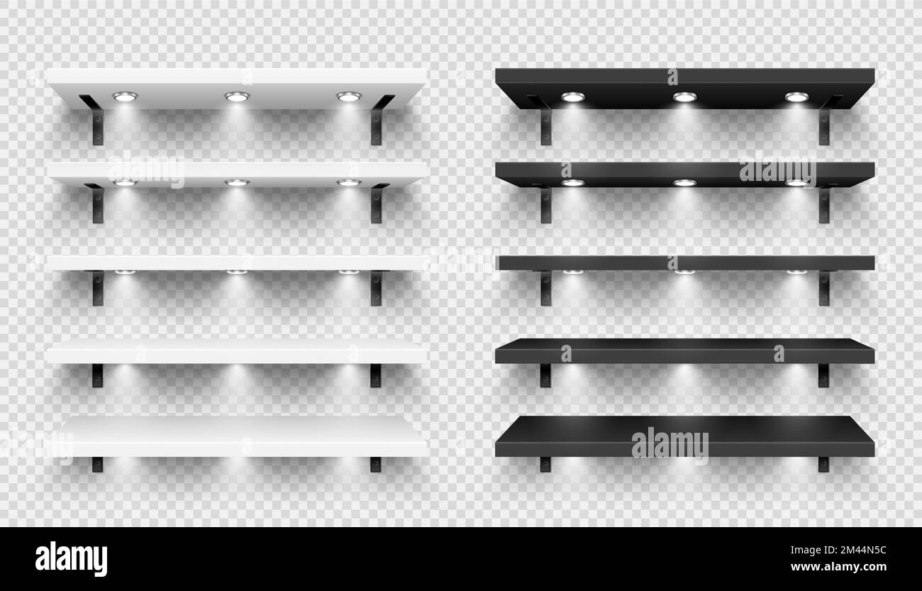 Realistic store shelves with wall mount and lighting, spotlights. Empty product shelf, grocery