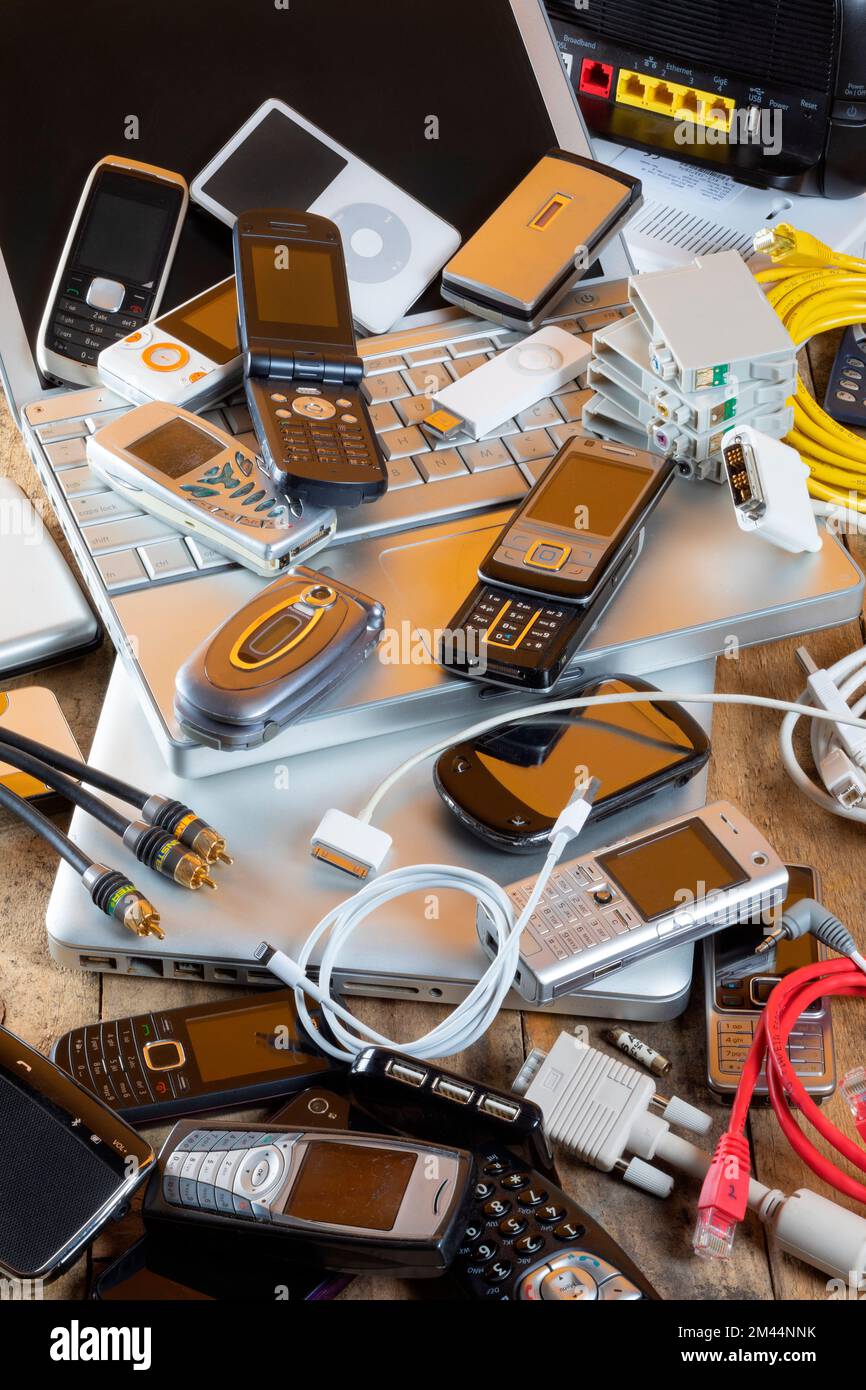 Old out of date technology. Electrical items no longer of any use. Obsolete electrical waste for recycling. Stock Photo