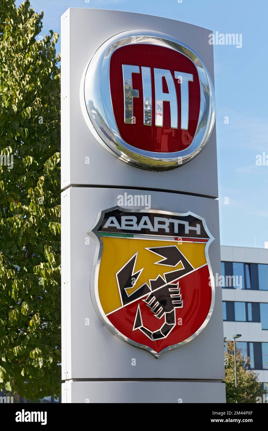 Italian car brands Fiat and Abarth, logos on a column, company logo with scorpion, Duesseldorf