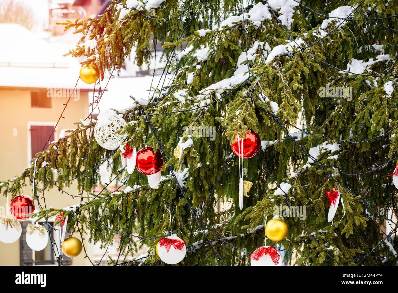 Detail of snow covered outdoor Christmas tree in a town square in the mountains Stock Photo