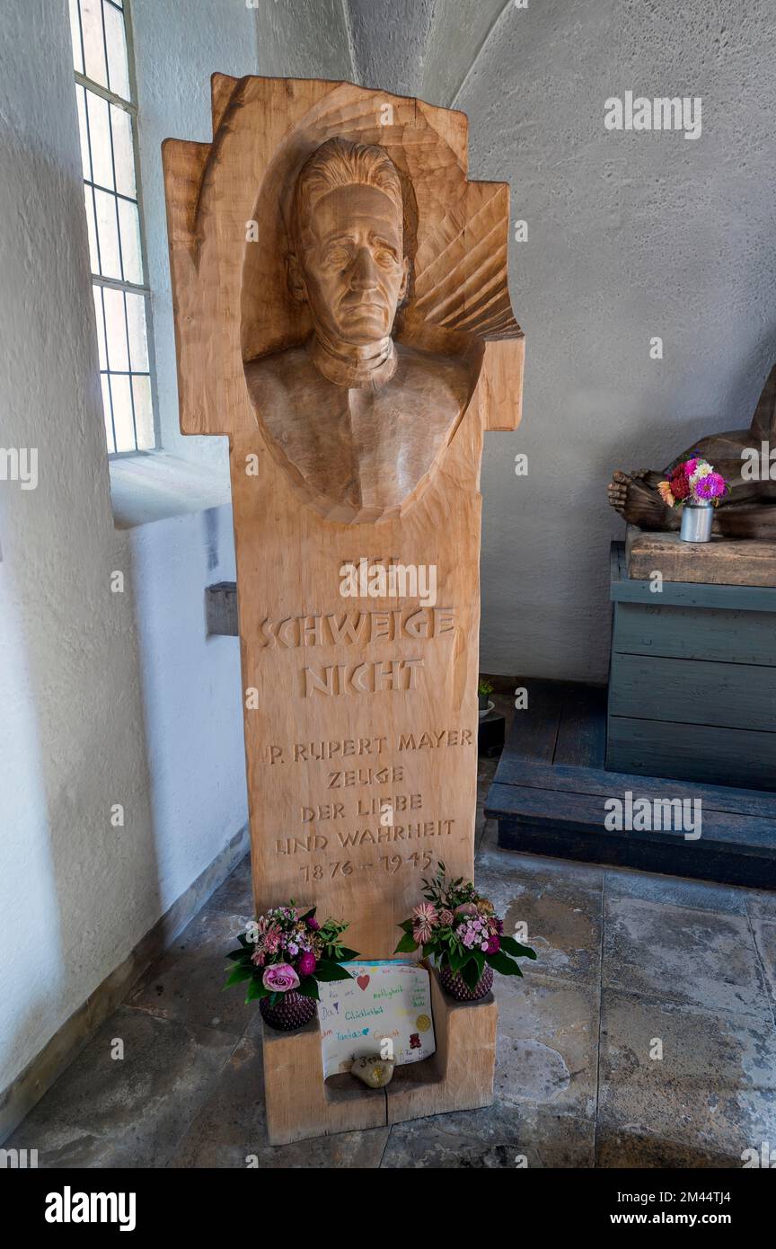 Statue of Father Rupert Mayer by sculptor Michael Vogler, Seelenkapelle from 1492, the former ossuary, Oberstdorf, Allgaeu, Bavaria, Germany Stock Photo