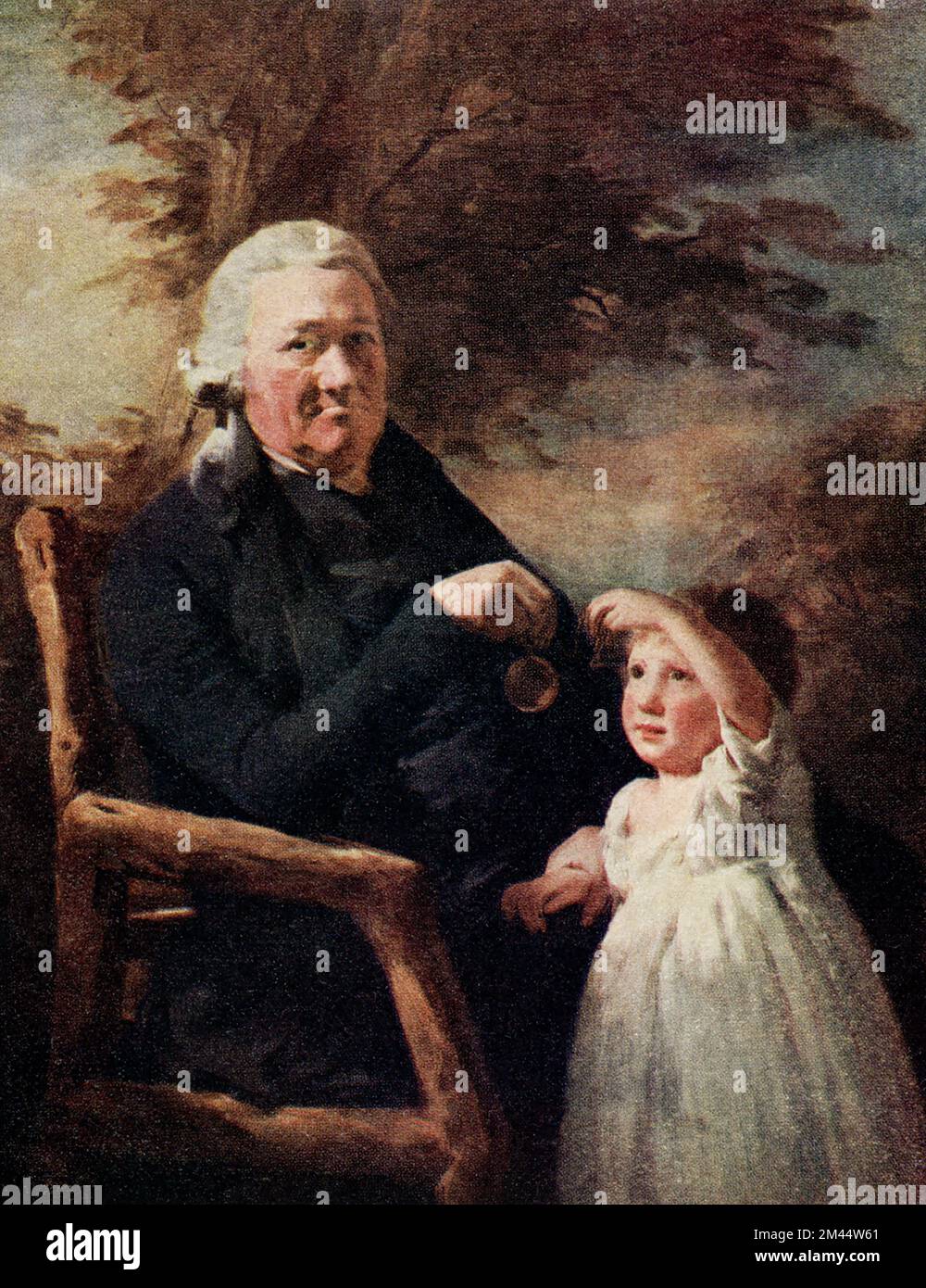 The caption for this image, written about 1910, reads: “John Tait of Harvieston and His Grandson by Raeburn (1756-1823). One of the artist’s most virile and trenchant performances, it was painted in 1798-9. The child was introduced after the grandfather’s death.” Sir Henry Raeburn (1756 – 1823) was a Scottish portrait painter. He served as Portrait Painter to King George IV in Scotland. Stock Photo
