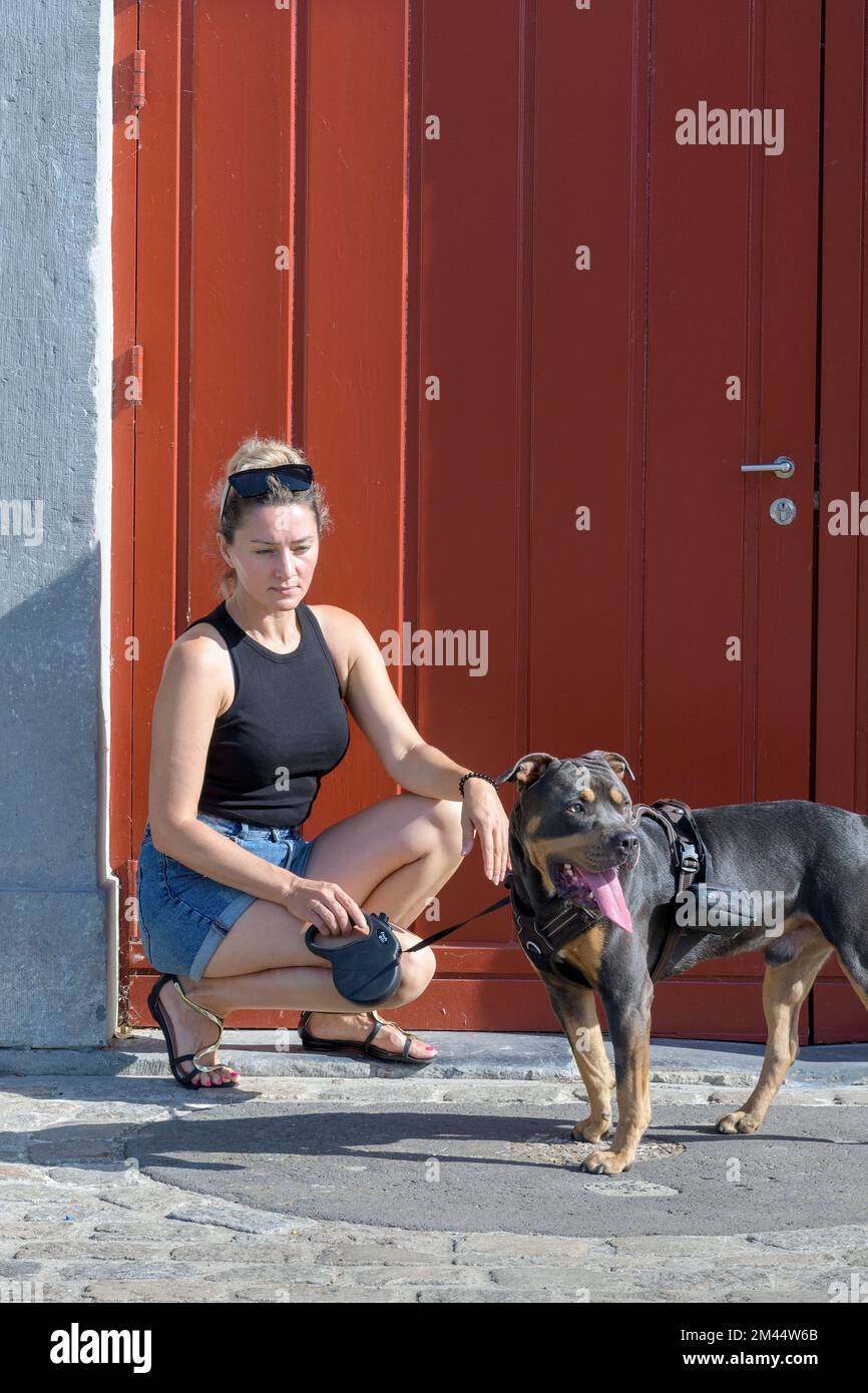 American stafford and young woman outside.  On background of an old building and a bright red door. Vertical portrait Stock Photo