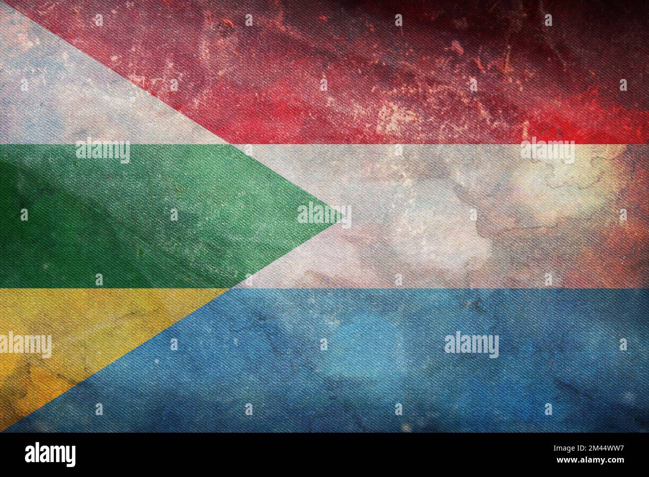 Top view of retro flag Agrado, Huila Colombia with grunge texture. Colombian travel and patriot concept. no flagpole. Plane layout, design. Flag backg Stock Photo