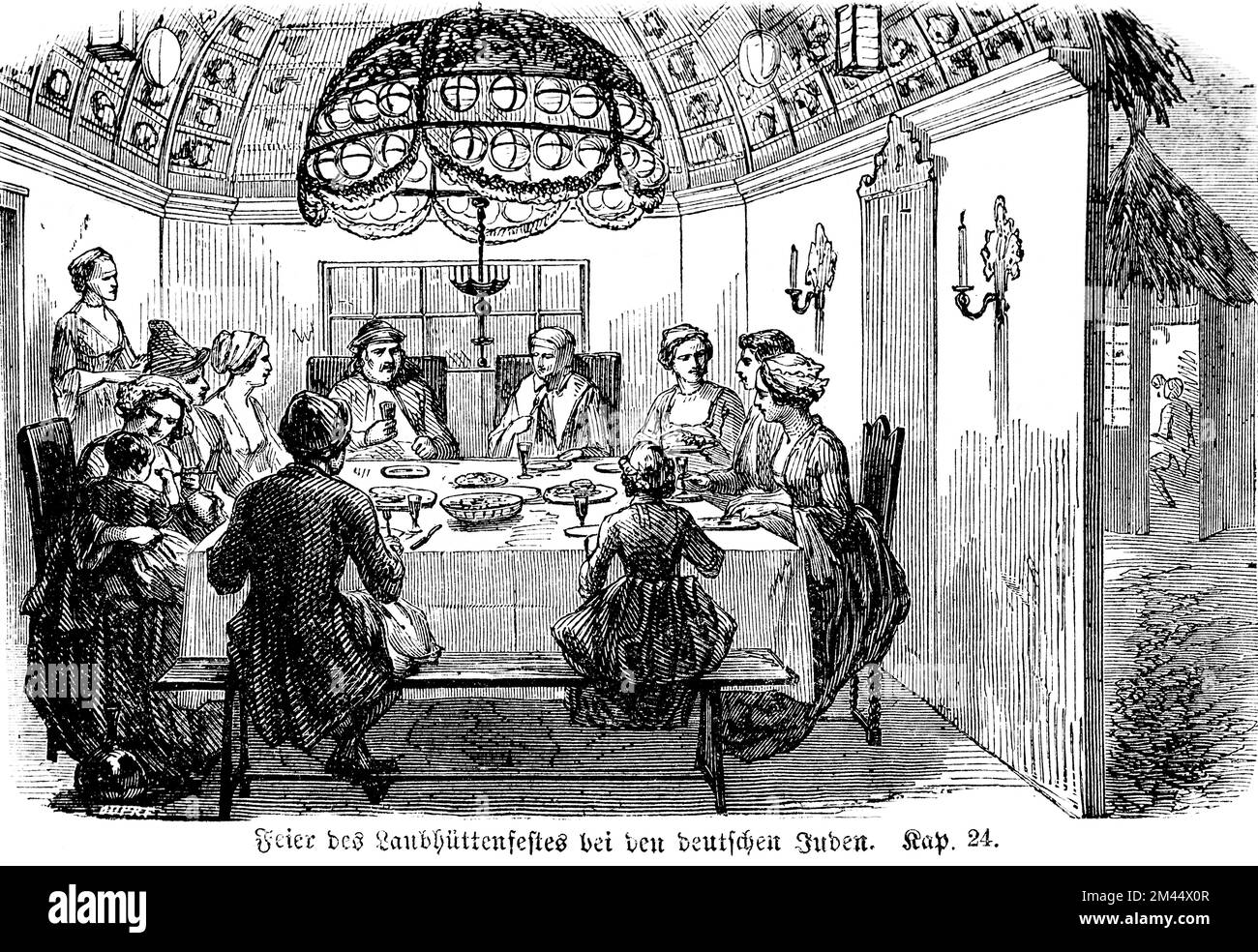 Celebration of the Feast of the Blossoms among the German Jews, Book 3 of Moses, Chapter 24, Bible, meal, company, laid table, chandelier, bench Stock Photo
