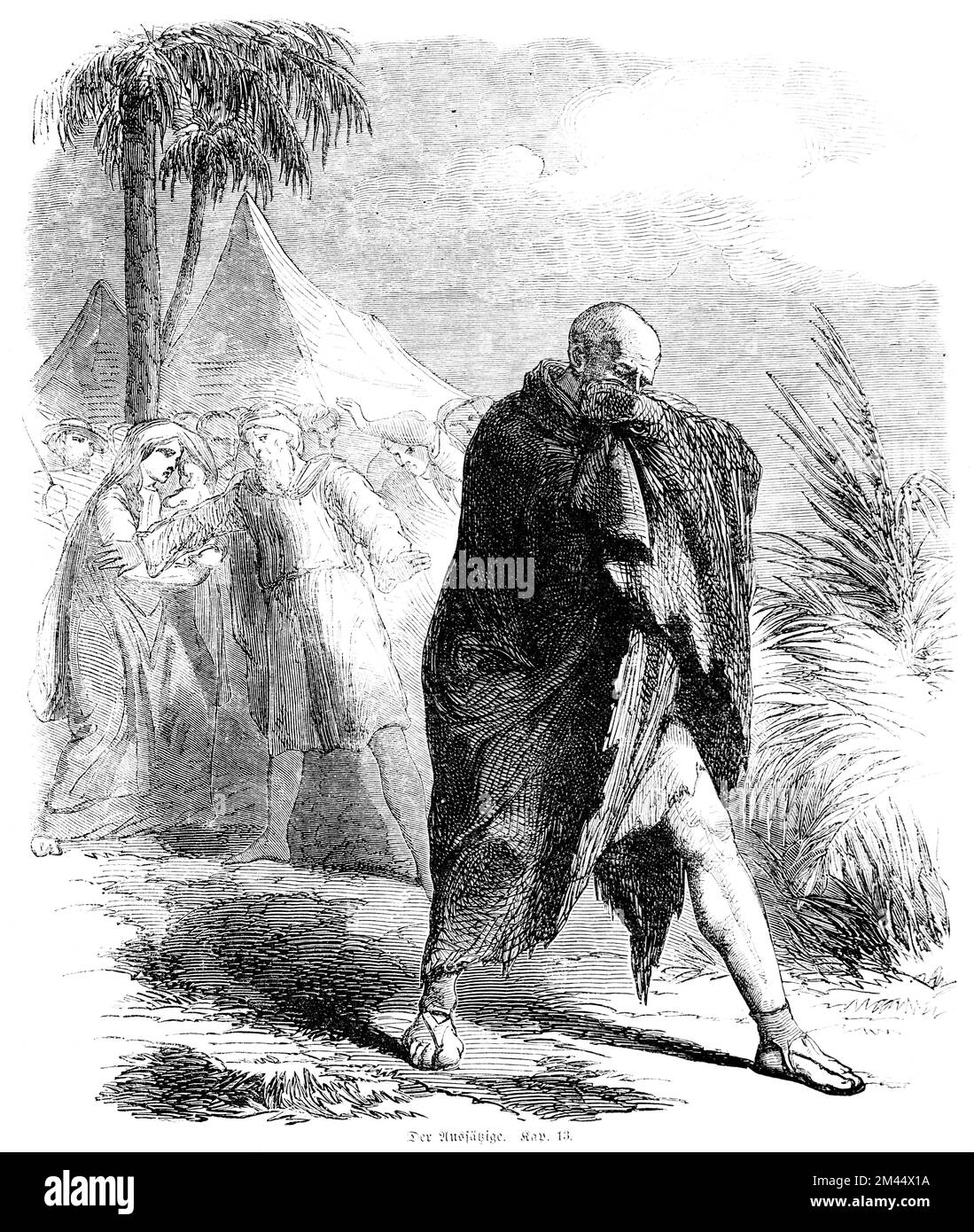 The Leper, Book 3 of Moses, Chapter 13, Bible, crowd, outcast, rags, tents, palms, plants, Orient, historical illustration 1850 Stock Photo