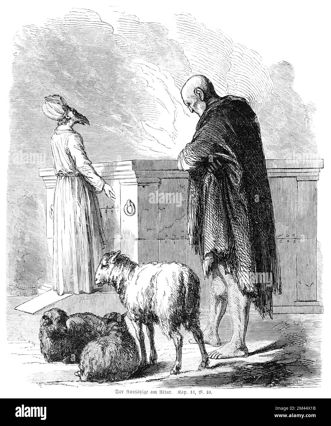 The leper at the altar, 3rd book of Moses, chapter 14, verse 10, Bible, outcast, sick, rags, altar, sheep, fire, historical illustration 1850 Stock Photo