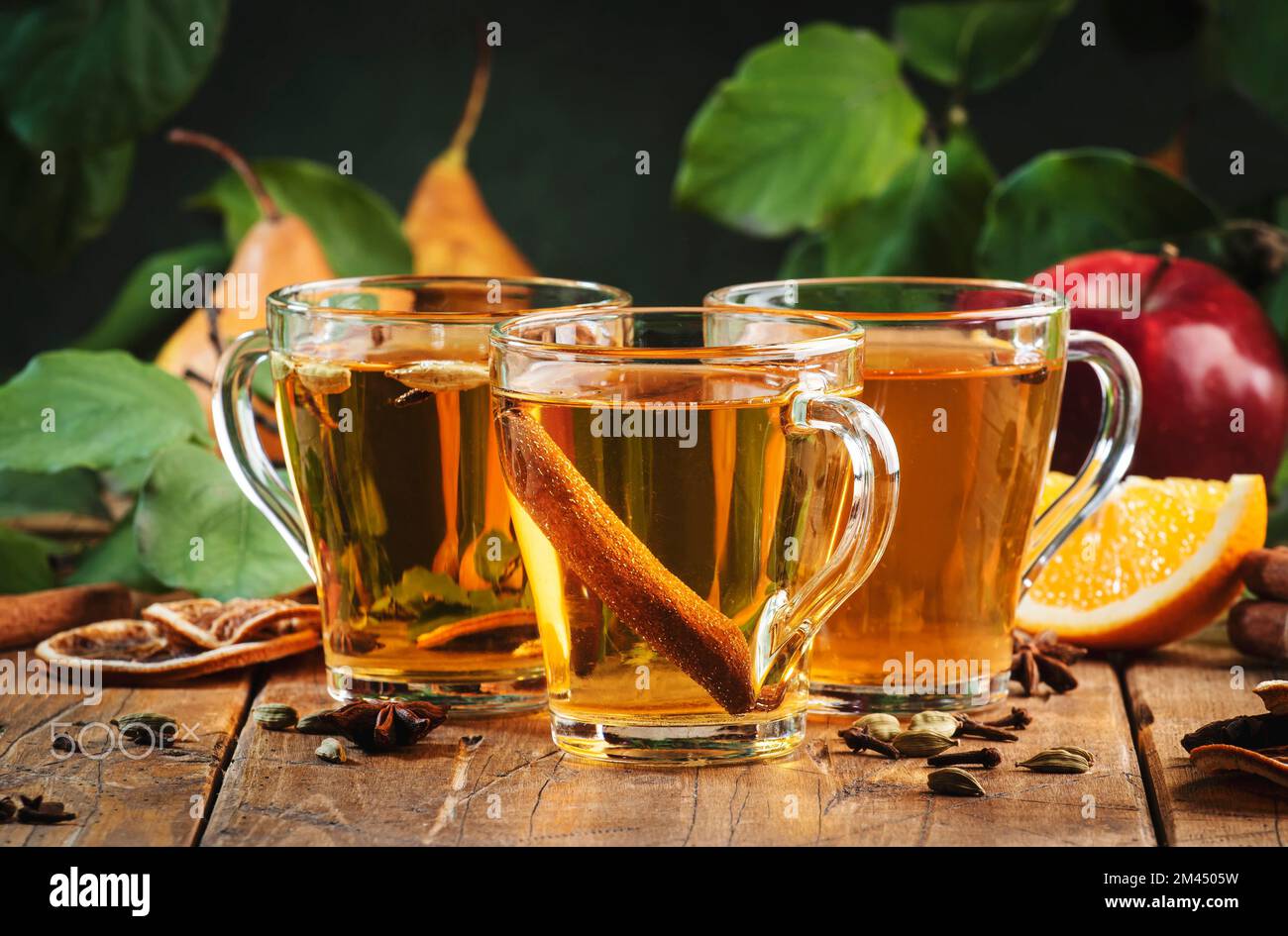 Mulled Cider glass cups apple, pear and orange flavored hot cider with