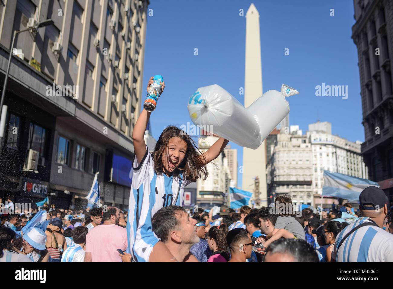Argentina fans in Buenos Aires celebrate their team defeating France to win the World Cup 2022 Stock Photo