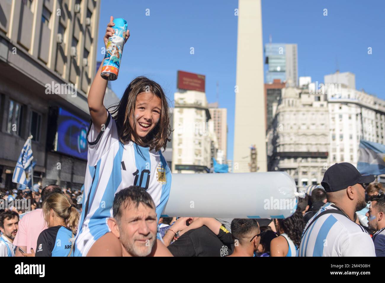 Argentina fans in Buenos Aires celebrate their team defeating France to win the World Cup 2022 Stock Photo