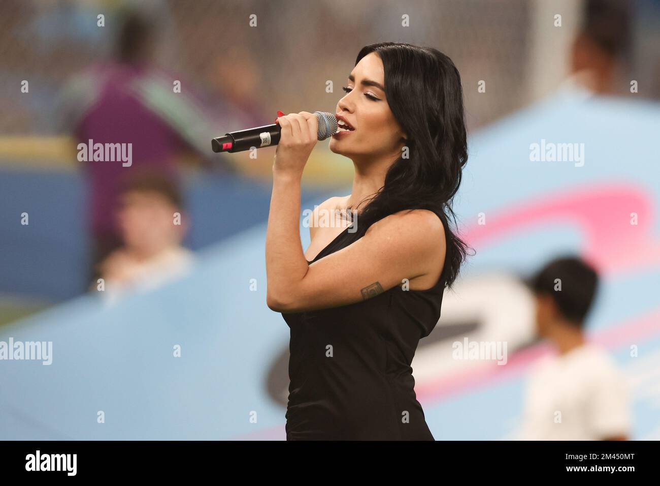 Doha, Qatar. 18th Dec, 2022. Singer Lali Esposito sings their national anthem prior to the FIFA World Cup Qatar 2022 Final match between Argentina and France at Lusail Stadium on December 18, 2022 in Lusail City, Qatar (Photo: William Volcov) Credit: Brazil Photo Press/Alamy Live News Stock Photo