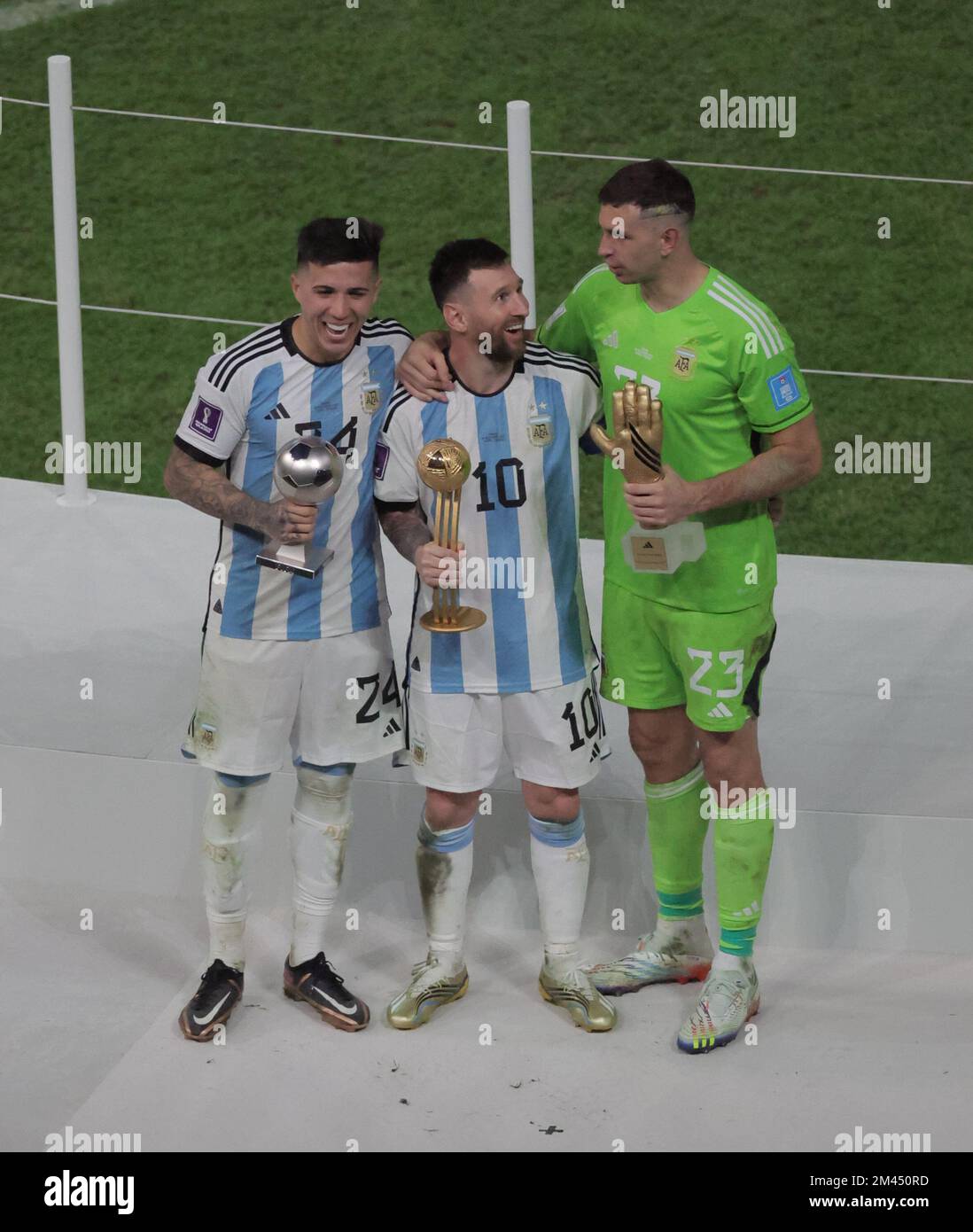 Qatar, Doha. 18th Dec, 2022. Football World CUP QATAR 2022: FINALS:.Argentina Vs France at Lusail Stadium, Qatar.Argentina -3 France 3, Argentina won by 4-2 on Penalties.Argentina won the World Cup.Messi 2 goals, Di Mariya one & Mbappe all 3 Patrick Goals.FIFA world cup 2022 Adidas Golden Ball Award- Lionel Messi''¨Adidas Golden Boot Winner- Kylian Mbappe ( 8 goals & a hat-trick in the final)''¨Adidas Golden Glove Winner- Emiliano Martinez (Argentina)''¨FIFA 2022 Young Player Award- Enzo Fernandez (Credit Image: © Seshadri Sukumar/ZUMA Press Wire) Stock Photo