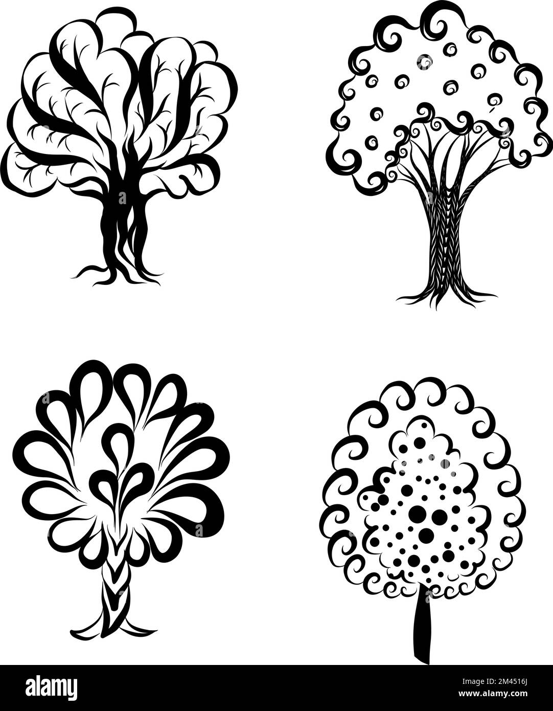 Engraving Doodle Sketchy Set of Monochrome Tree Silhouette. Drawing Collection of Different Types Trees. Hand Drawn Illustration on White Background Stock Vector