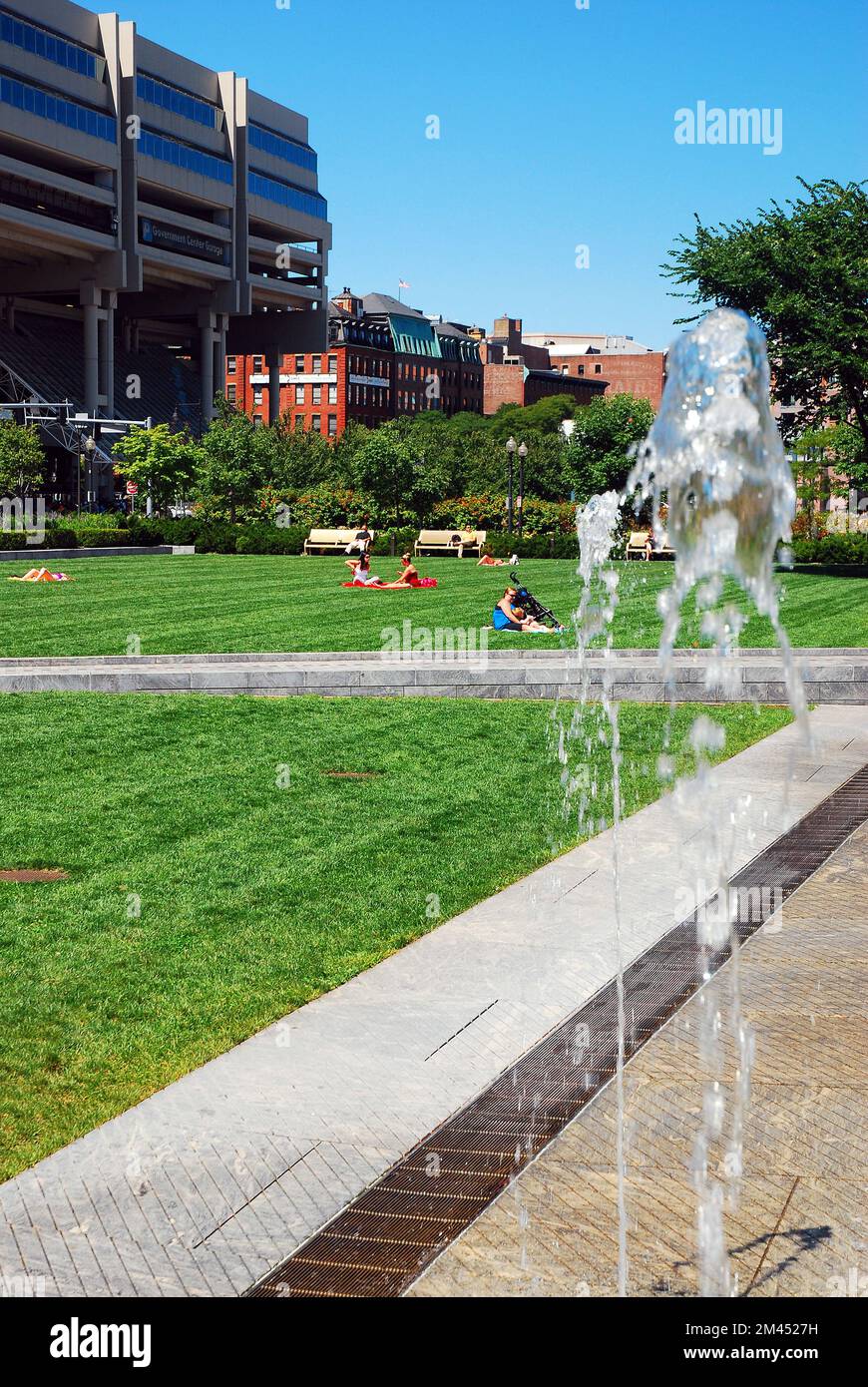 Fountains gush at the Rose Kennedy Greenway, in  Boston, a park and open space created by the Big Dig Stock Photo