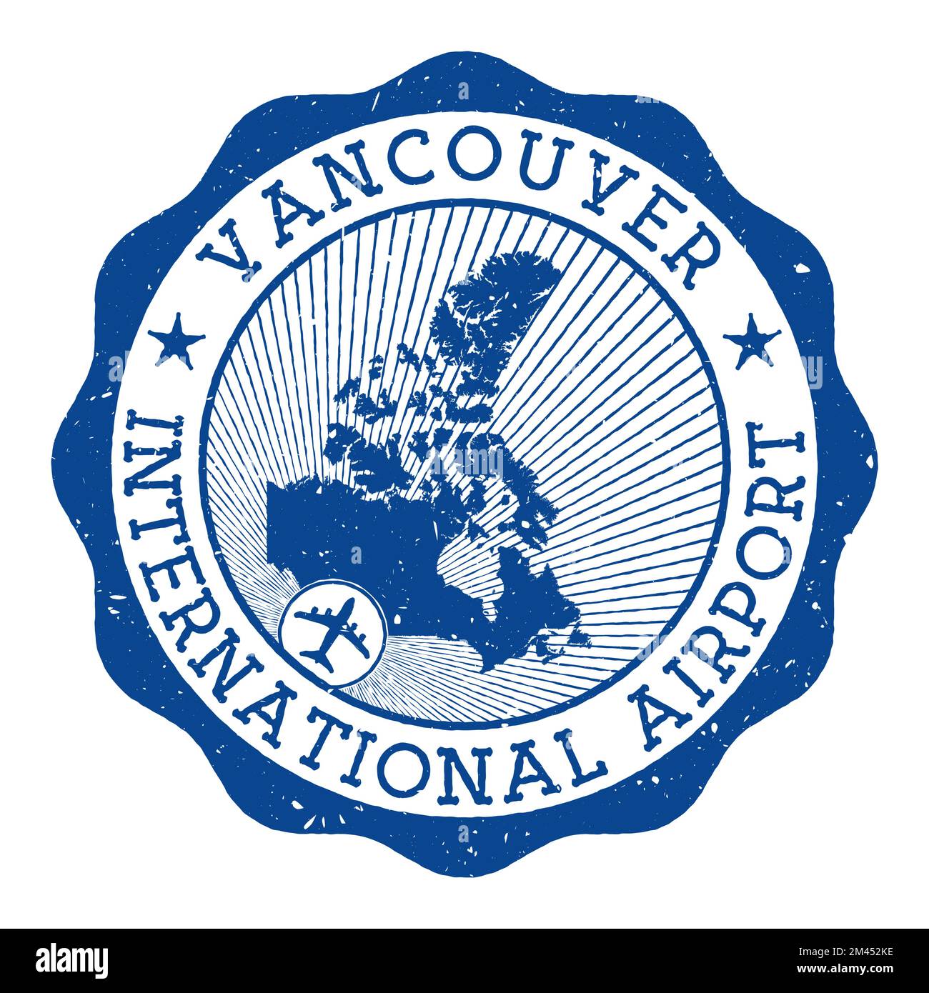 Vancouver International Airport stamp. Airport of Vancouver round logo with location on Canada map marked by airplane. Vector illustration. Stock Vector