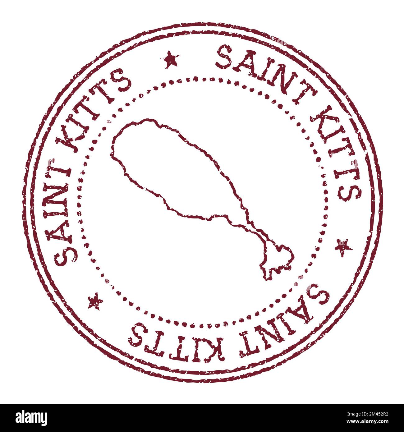 Saint Kitts round rubber stamp with island map. Vintage red passport