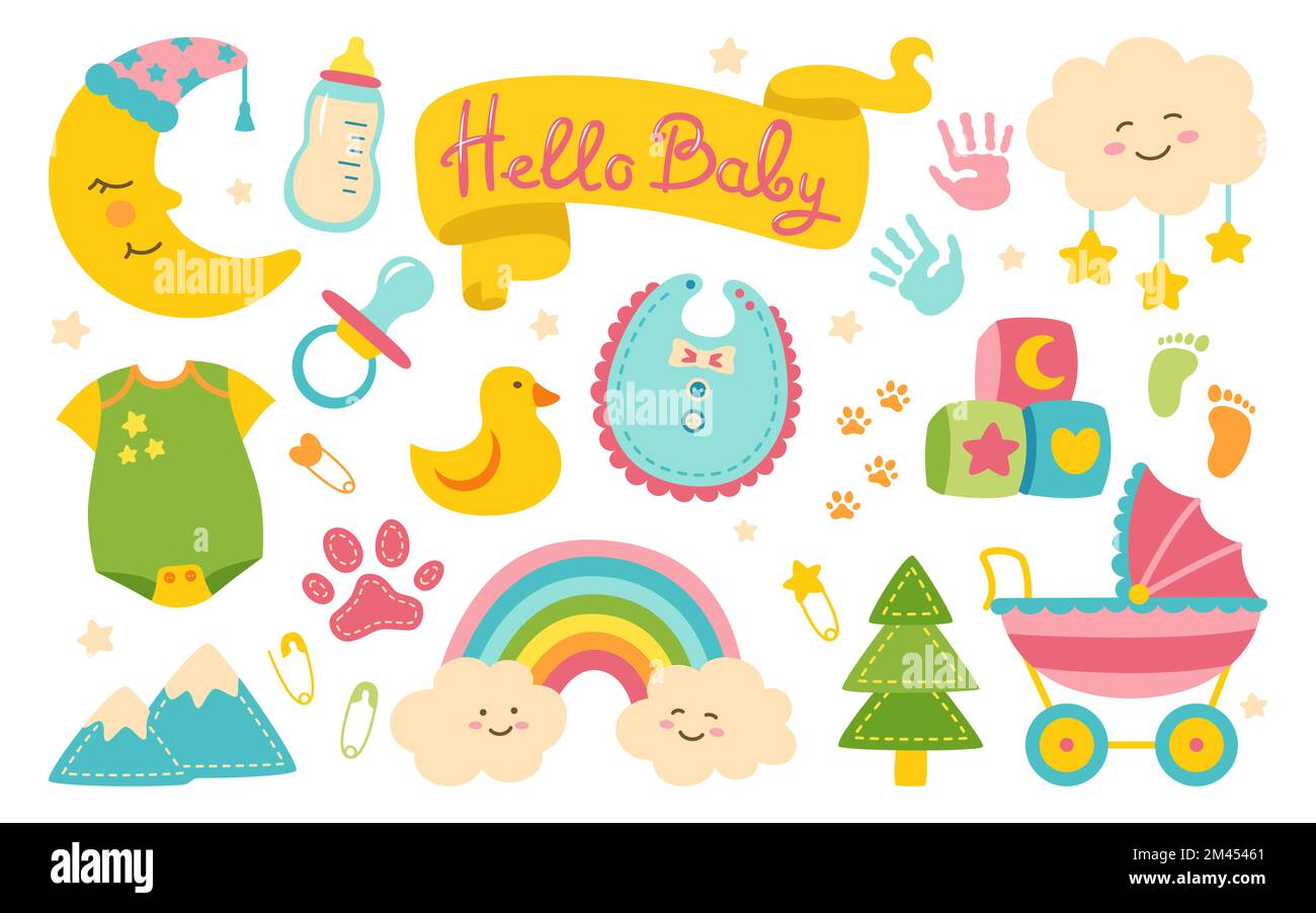 Baby newborn nursery objects cartoon set. Birthday child memory scrapbook kit. Kids symbol and icon accessory collection. Hand drawn decoration cute rainbow moon, cloud, nipple, footprint hand or feet Stock Vector